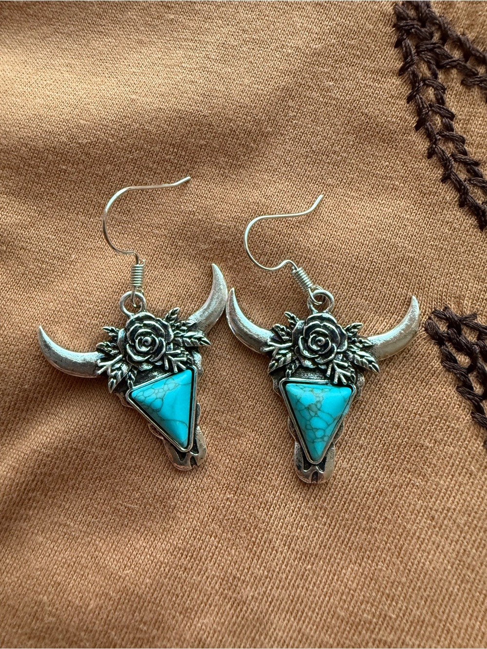 Turquoise Triangle Bull Skull Dangle Earrings - Floral Accent